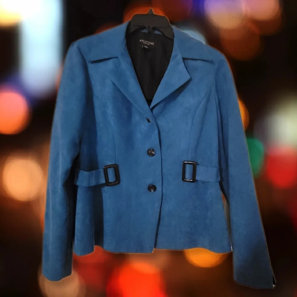 Perceptions Teal Sharp Shoulder Blazer Faux Suede size 12 Vtg - Picture 3 of 10